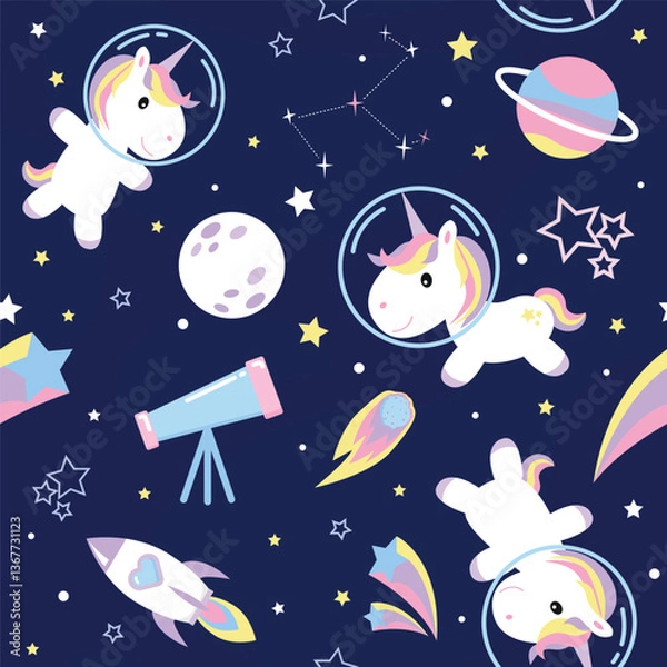 Fototapeta Seamless pattern with unicorns in space. Cute vector illustration. Unicorn constellation.