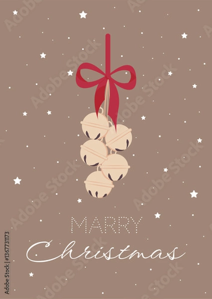 Fototapeta Merry Christmas greetings poster, postcard. Trendy vector illustration with fir tree branches, jingle bells, snow and design