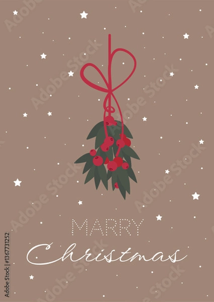 Fototapeta Postcard with mistletoe branches, berries and red bow on a light background. Vector illustration