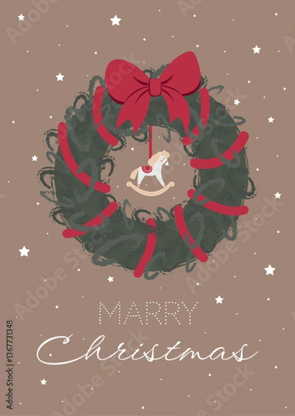 Fototapeta Christmas wreath icon or frame isolated on background. Vector sticker or sign. New Year home decoration with ribbon and horse. Evergreen forest plants branches woven in a circle for door decor.