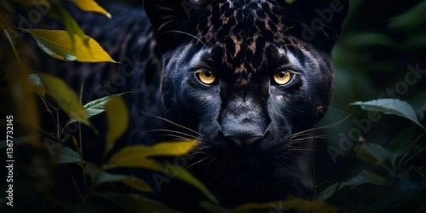 Fototapeta Black leopard with yellow eyes on a black background, animal wallpaper, high resolution, high 