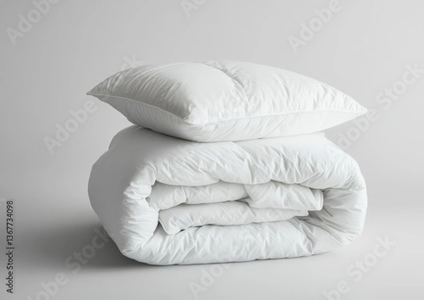 Obraz Folded white comforter and pillow on gray background