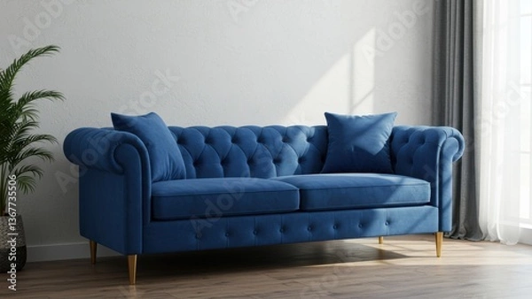 Fototapeta A stylish blue velvet sofa with pillows in a bright living room interior.