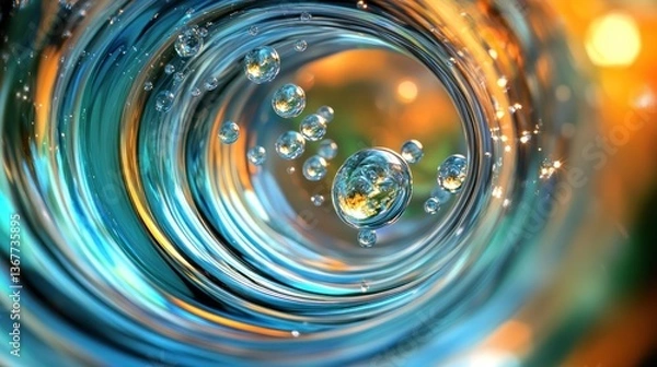 Obraz Abstract swirling liquid with bubbles, vibrant colors, bokeh background.  Possible use  science, education, beauty, or design inspiration