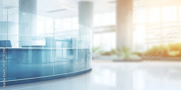 Fototapeta Blurred office interior background with a reception desk and copy space for text or title, with a soft