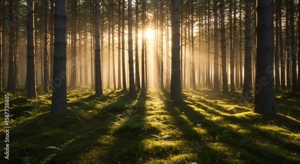 Fototapeta 朝の光輝く神秘の森 木漏れ日と影の対比が美しい