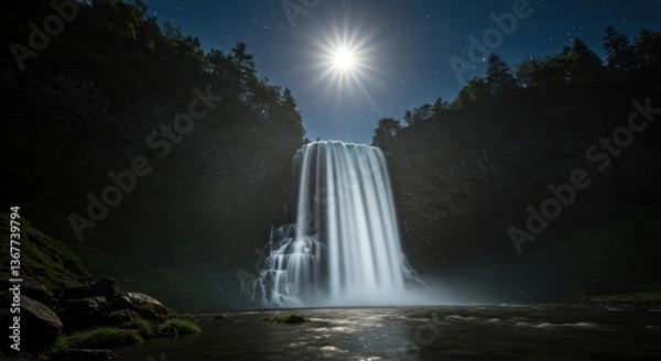Fototapeta Majestic waterfall cascading under a bright moonlit sky in a serene landscape
