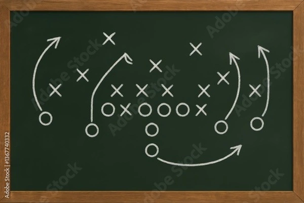 Obraz Chalkboard displaying diagram strategy and arrows with Xs and Os for game planning on green background
