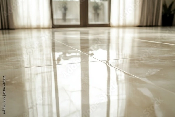 Fototapeta Gleaming marble tile floor reflecting light from windows and curtains, creating a bright and luxurious interior space