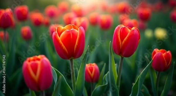 Fototapeta 夕日輝く赤とオレンジのチューリップ畑 鮮やか