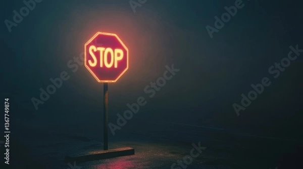 Fototapeta Neon Stop Sign Illuminating Dark and Foggy Urban Street Scene