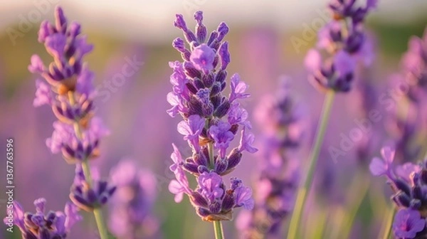 Fototapeta Close Up Lavender Flowers Blooming in Field with Soft Sunset Light
