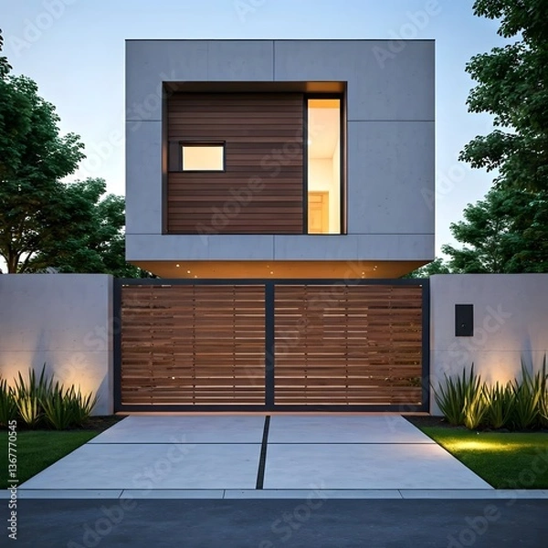Fototapeta A modern cube-style house with a wooden gate and a concrete pathway leading to the entrance, AI Generated
