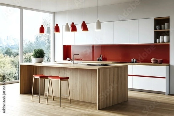 Fototapeta Modern Kitchen Interior: A stylish, contemporary kitchen with a minimalist design featuring sleek cabinetry, a wooden island, red accents and large windows that fill the space with natural light