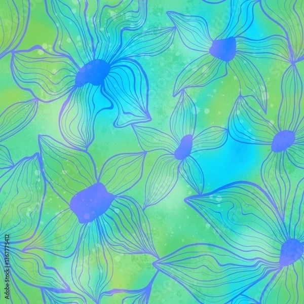 Fototapeta Abstract Hand Drawing Geometric Striped Flowers Seamless Pattern with Digital Painting Watercolor Tie Dye Batik Gradient Background