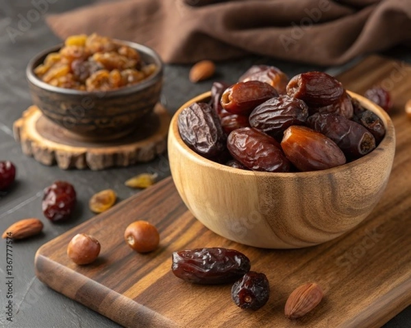 Obraz Aesthetic Presentation of Fresh Dates and Dry Fruits on Wooden Platter