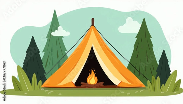 Fototapeta Illustrated camping tent with a campfire surrounded by trees and clouds in the background with copy space