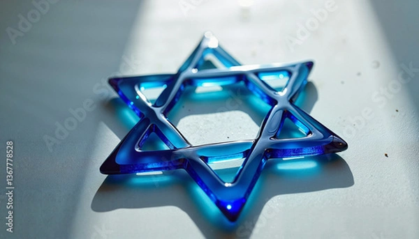 Fototapeta Blue glass Star of David ornament reflecting light on a white surface