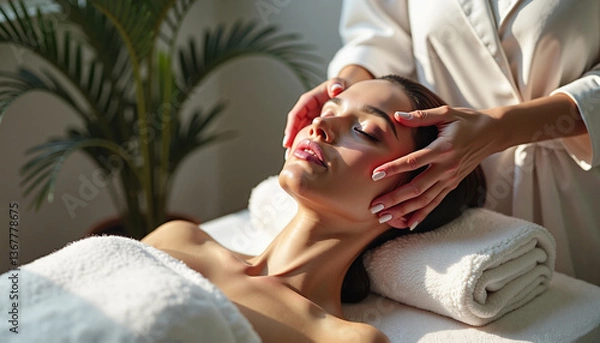 Fototapeta Woman receiving a relaxing facial massage in a spa environment with soft lighting