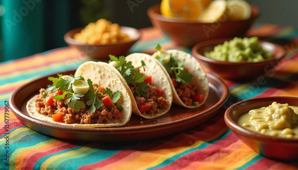 Fototapeta Delicious tacos with meat and toppings served on a plate with colorful side dishes