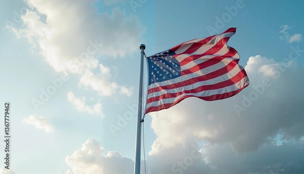 Fototapeta American flag waving against a blue sky with clouds and copy space