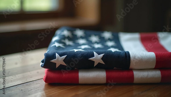 Fototapeta Folded American flag with stars and stripes on a wooden table near a window