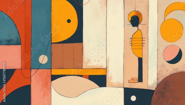 Fototapeta Abstract colorful painting featuring a figure with geometric shapes and vibrant colors