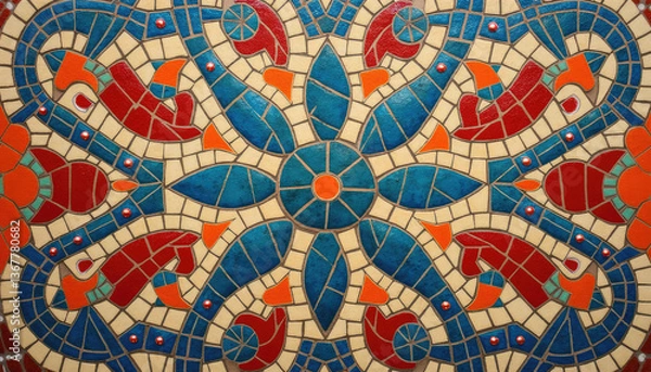 Fototapeta Colorful mosaic pattern featuring intricate designs with blue and red tiles