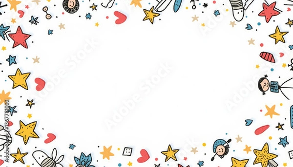 Fototapeta Playful doodle frame with colorful stars, hearts, and characters on a white background