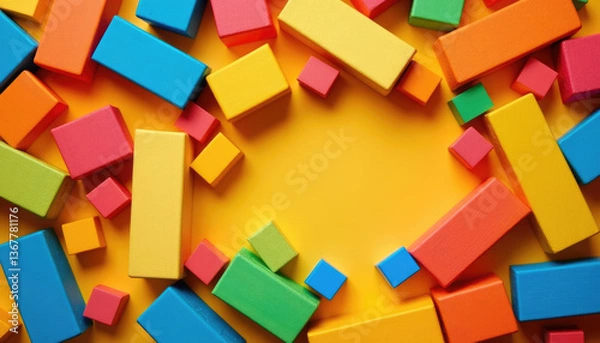 Fototapeta Colorful wooden blocks on a bright yellow background with copy space
