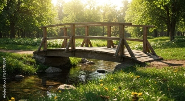 Fototapeta A wooden bridge spans a tranquil stream in a city park, surrounded by lush greenery and sunlight filtering through the trees