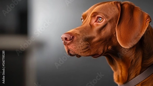 Fototapeta A Vizsla stands tall and poised against a pure white backdrop, its sleek rust-colored coat glistening under soft lighting, embodying grace and nobility