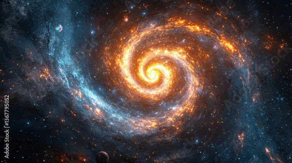 Fototapeta vibrant cosmic whirlpool showcases swirling orange and blue hues, evoking sense of wonder and mystery in vast universe. intricate details of galaxy captivate imagination