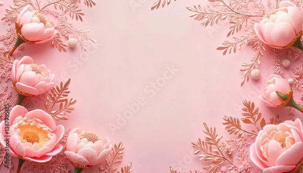 Fototapeta Elegant floral arrangement with pink peonies and gold accents on a soft background