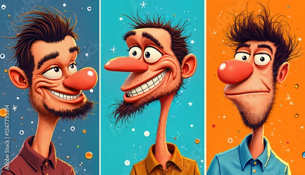 Fototapeta Whimsical cartoon characters with exaggerated features and colorful backgrounds 