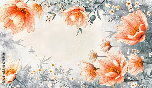 Fototapeta Beautiful floral background with colorful blossoms and empty copy space for design