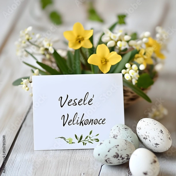 Obraz vesele velikonoce! easter greetings in czech languague on simple, rustic, environmentally friendly background
