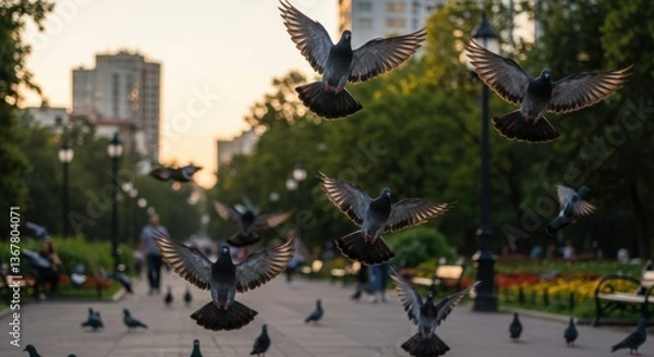 Fototapeta A group of pigeons takes flight over a city park bathed in morning light, creating a lively scene of nature and urban life