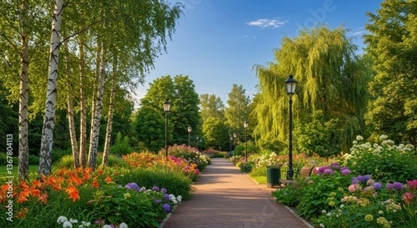 Fototapeta A serene urban park features vibrant trees and colorful flowers lining a pathway under a clear blue sky, inviting visitors to enjoy nature in the city