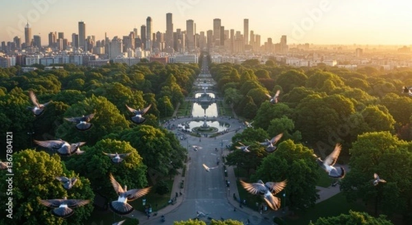 Fototapeta A group of pigeons flying over a city park in the morning light, showcasing a vibrant urban landscape filled with lush greenery and a skyline in the background