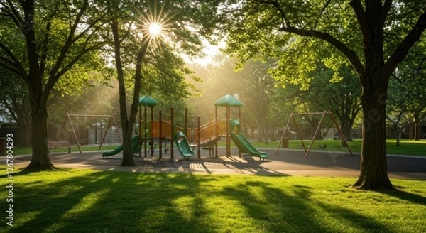 Fototapeta A vibrant public space featuring lush green trees and a playground with slides and swings, illuminated by gentle sunlight filtering through the leaves