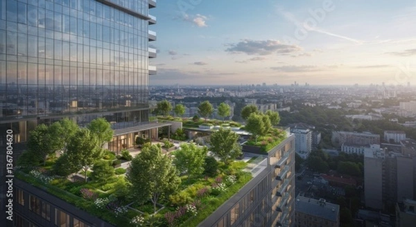 Fototapeta A modern high-rise building features a lush rooftop park, offering stunning views of the city skyline and green spaces for relaxation and enjoyment