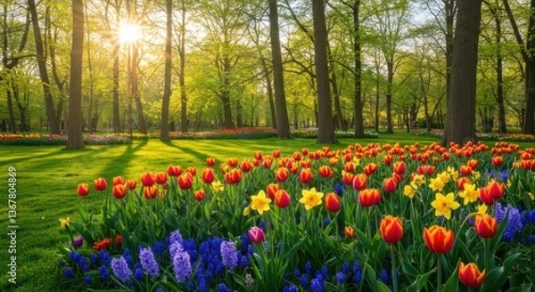 Fototapeta A sunny spring day in a green park showcases vibrant flowers blooming amid tall trees, casting gentle shadows on the lush grass