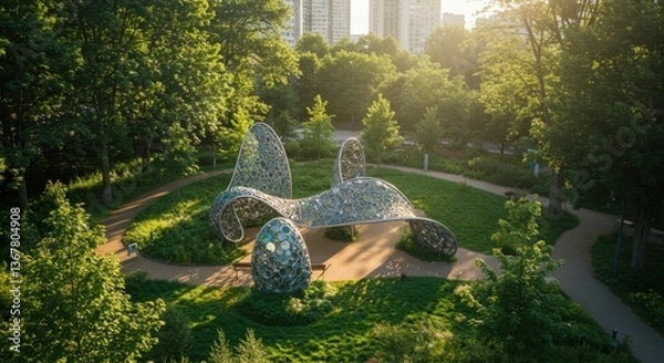 Fototapeta An outdoor art installation stands prominently in an eco-park, surrounded by lush greenery and tall buildings, showcasing modern design and harmony with nature