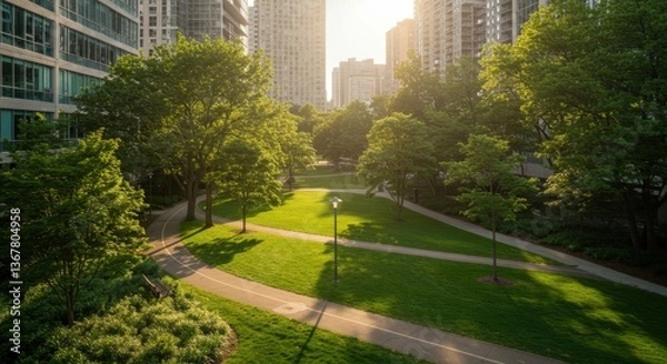 Fototapeta A lush park with winding walking trails is framed by tall urban buildings, creating a serene green oasis amidst the cityscape