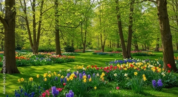 Fototapeta A sunny spring day in a lush green park filled with vibrant flowers and tall trees swaying gently in the breeze