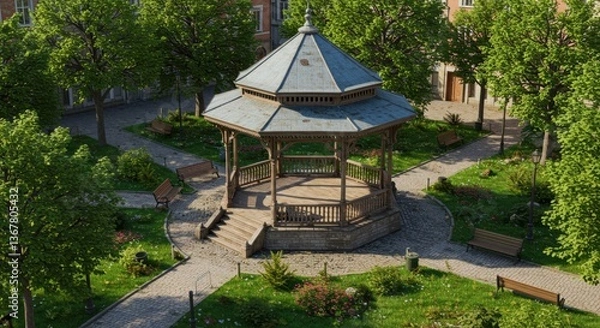 Fototapeta A historic gazebo surrounded by lush greenery in a vibrant city plaza, inviting relaxation and social gatherings in a tranquil environment