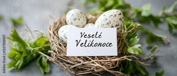 Obraz vesele velikonoce! easter greetings in czech languague on simple, rustic, environmentally friendly background