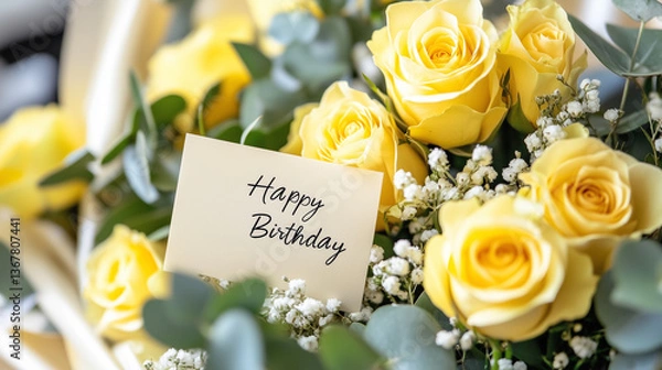 Obraz 鮮やかな黄色いバラとユーカリの葉が彩る誕生日フラワーギフト | 明るい祝福
