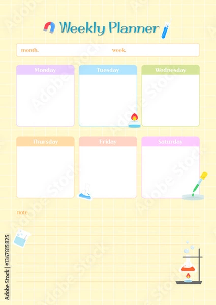 Fototapeta Weekly, schedule. Weekly schedule for students decorated with science experiment tools. Vector illustration design.